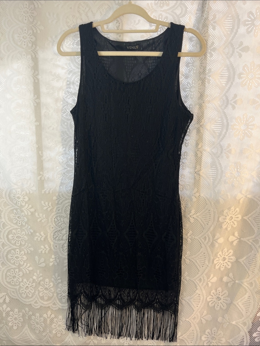 VENUS Black Lace Fringe Bodycon Dress M